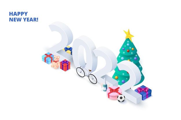 The happy new year 2022 isometric number design concept with gifts and christmass tree.