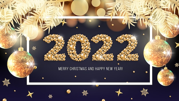 Happy New Year 2022 and Merry Christmas gold greeting card design Christmas shiny vector background