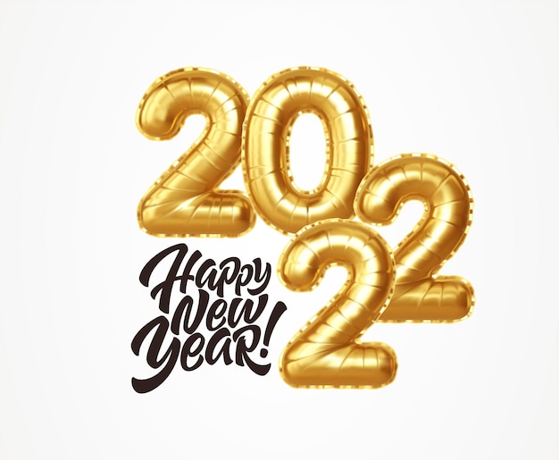 Felice anno nuovo 2022 palloncini in lamina d'oro metallizzati su sfondo bianco. palloncini di elio dorati numero 2022 capodanno. illustrazione vettoriale eps10