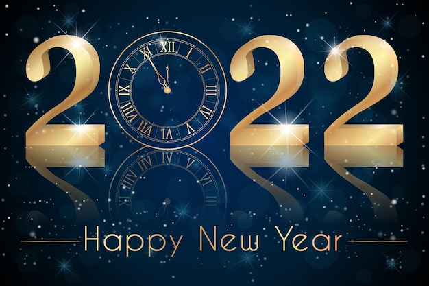 Happy new year 2022 - new year, shining background with gold watches and glitter.creative. black background. smartphone laptop, stars. futuristic snowflakes design. banner, poster, numbers, cover.