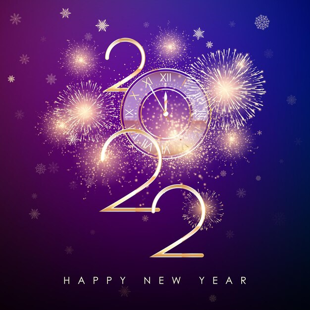 Happy new year 2022 new years banner with golden numbers and firework greeting card text design