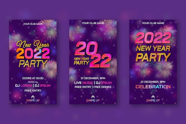Happy new year 2022 party instagram stories collection with fireworks and purple bokeh background