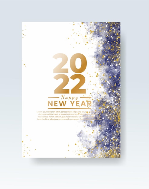 Happy new year 2022 poster or card template with watercolor wash splash