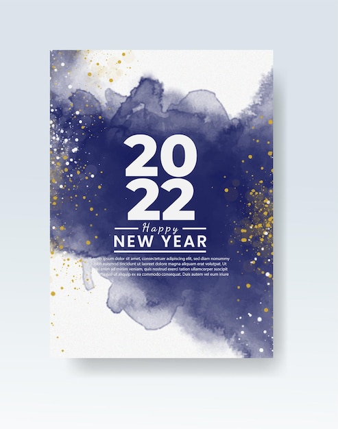 Happy new year 2022 poster or card template with watercolor wash splash