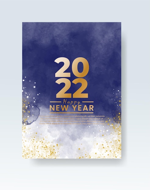 Happy new year 2022 poster or card template with watercolor wash splash