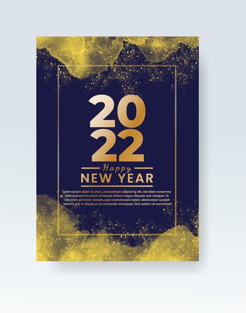 Happy new year 2022 poster or card template with watercolor wash splash