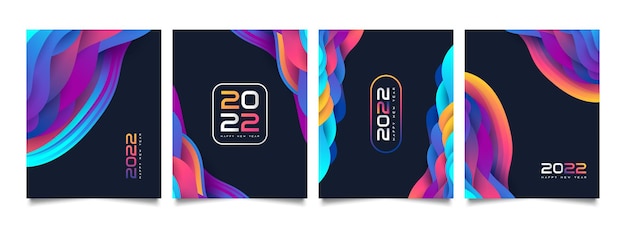 다채로운 파도 배경 디자인으로 행복 한 새 해 2022 포스터 세트. 2022 숫자 디자인 템플릿. 전단지, 포스터, 브로셔, 카드, 배너 또는 엽서에 대 한 새 해 축 하 디자인 서식 파일