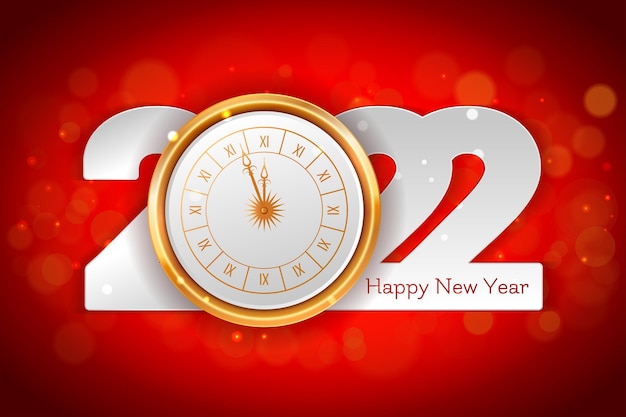 Vector happy new year 2022 red abstract background with golden clock