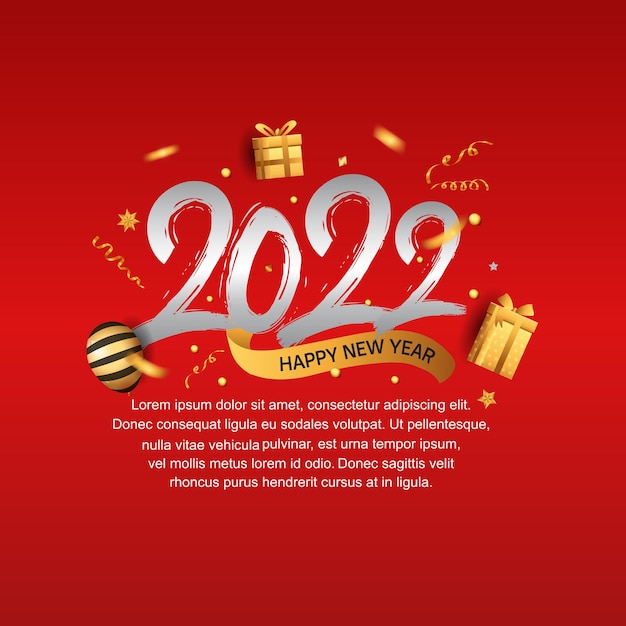 Happy new year 2022 silver number with golden party element isolated red background