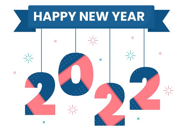 Happy new year 2022 template flat design illustration with ribbons and confetti on a colorful background for poster, brochure or banner