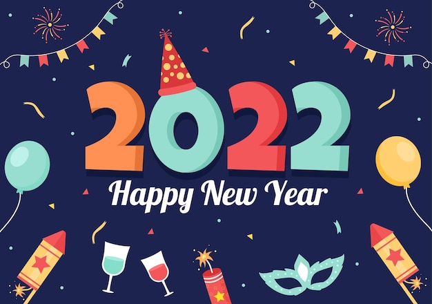 happy new year 2022 template flat design illustration with ribbons and confetti on a colorful background for poster, brochure or banner