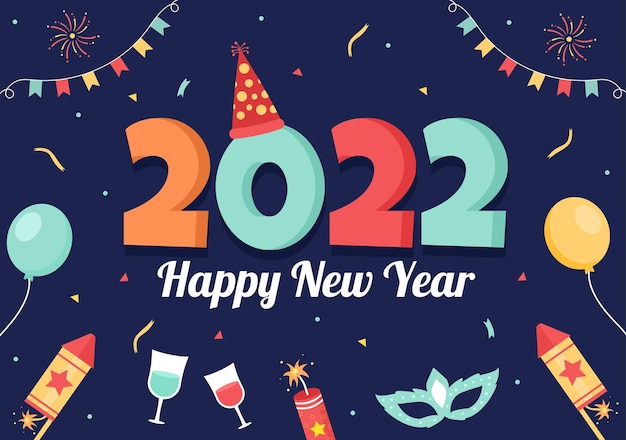 Happy new year 2022 template flat design illustration with ribbons and confetti on a colorful background for poster, brochure or banner