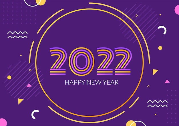 Felice anno nuovo 2022 modello design piatto illustrazione con nastri e coriandoli su uno sfondo colorato per poster, brochure o banner