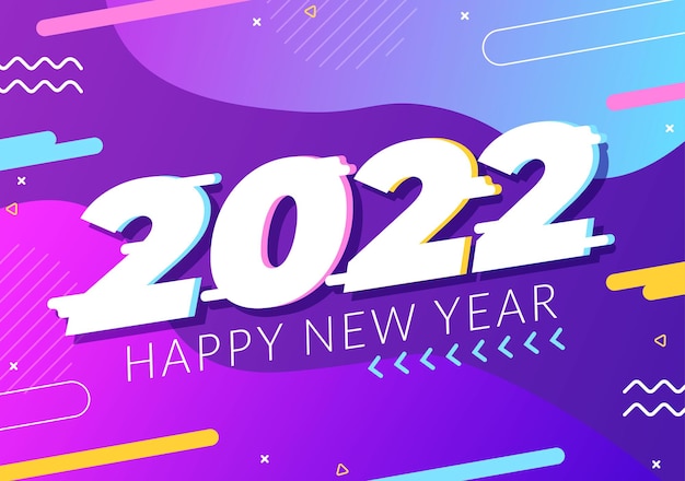 Felice anno nuovo 2022 modello design piatto illustrazione con nastri e coriandoli su uno sfondo colorato per poster, brochure o banner