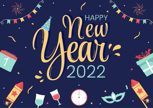 Felice anno nuovo 2022 modello design piatto illustrazione con nastri e coriandoli su uno sfondo colorato per poster, brochure o banner