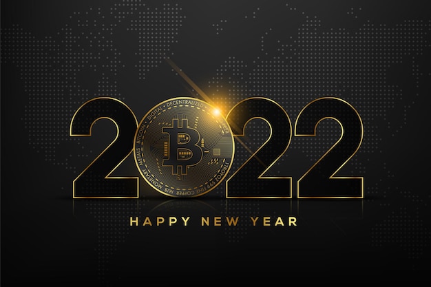 創造的な背景、ベクトルイラストに黄金のビットコイン（BTC）と新年あけましておめでとうございます2022テキストタイポグラフィデザイン