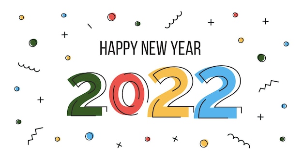 Felice anno nuovo 2022 banner web in design astratto piatto con numeri vettore memphis geometric poste