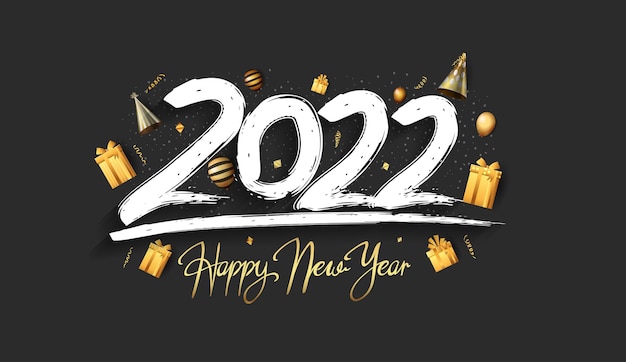 Happy new year 2022 white color number with golden party element isolated on black background