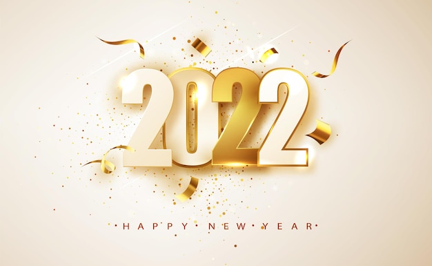 明けましておめでとうございます2022年。白い背景に白と金色の数字。ホリデーグリーティングカードのデザイン。