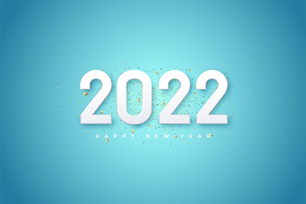 Happy new year 2022 with bright white numbers on a bright blue background