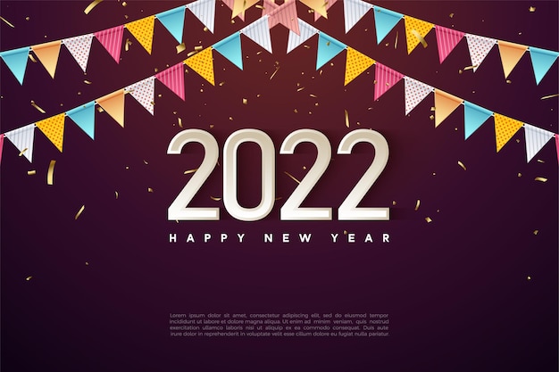祝你 2022 年快樂,有彩色數字和旗<br >