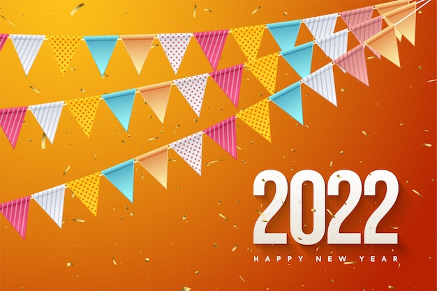 祝你 2022 年快樂,有彩色數字和旗<br >