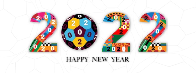 Felice anno nuovo 2022 con font di calcio colorato tipografia testo 2020 in stile geometrico