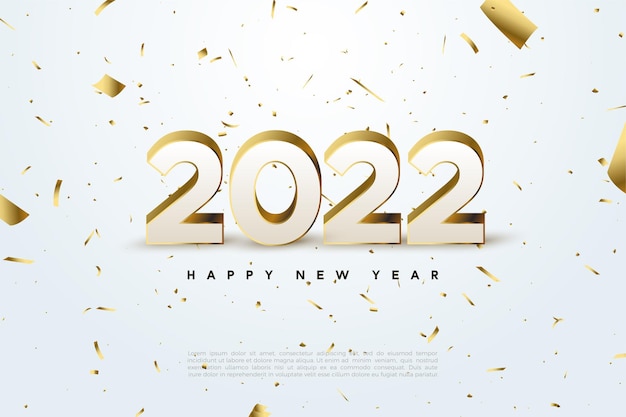 散らばった金の数字と紙で新年あけましておめでとうございます2022