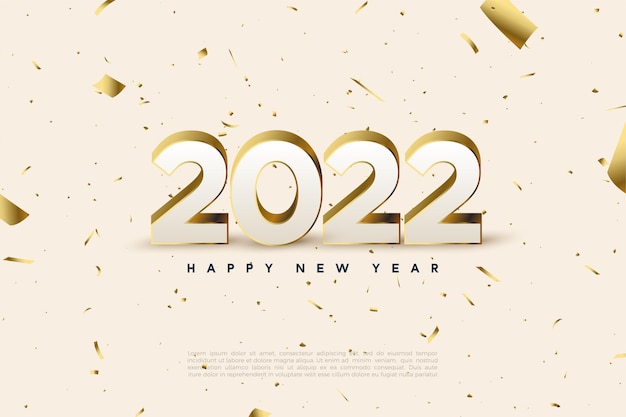 Happy new year 2022 with scattered gold numbers and paper