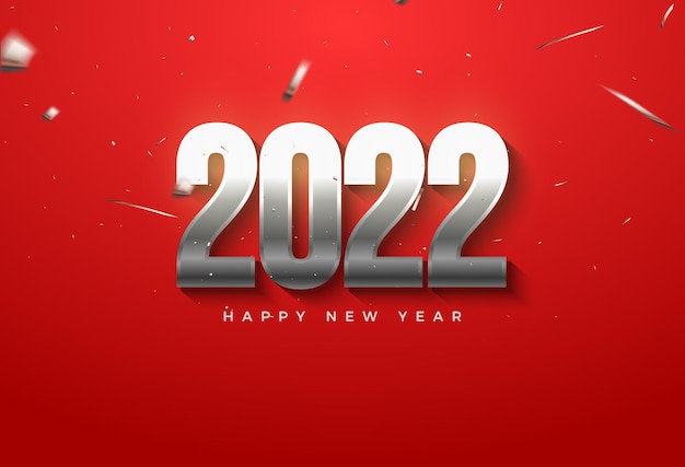 Happy new year 2022 with silver numbers on red background