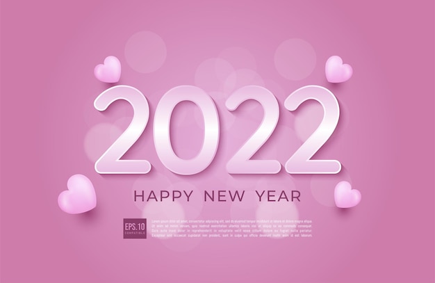 ソフトピンクのテーマとアイコンのハートで新年あけましておめでとうございます2022