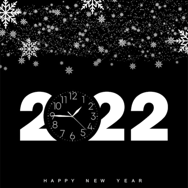 Happy new year 2022 with vintage clock and falling snowflakes. vector illustration