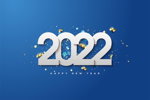 Happy new year 2022 with white numbers stacked on a blue background