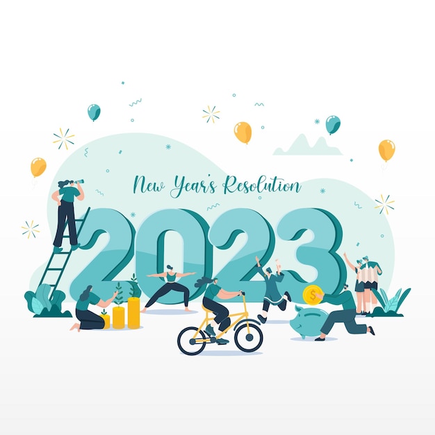 Vettore felice anno nuovo 2023 2023 obiettivi e risoluzioni concetto illustrazione piccole persone che si divertono con i loro obiettivi nel 2023