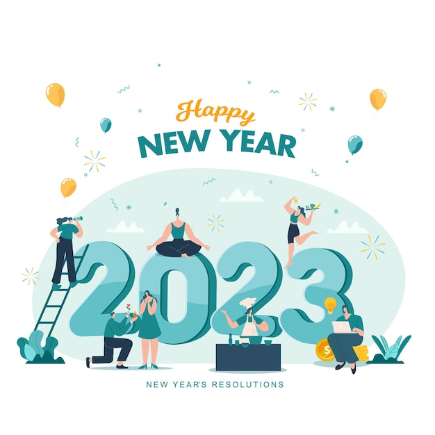 Felice anno nuovo 2023 2023 obiettivi e risoluzioni concetto illustrazione piccole persone che si divertono con i loro obiettivi nel 2023