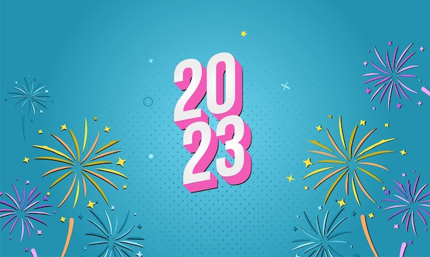 Happy new year 2023 background. Modern design with fireworks. pink and blue