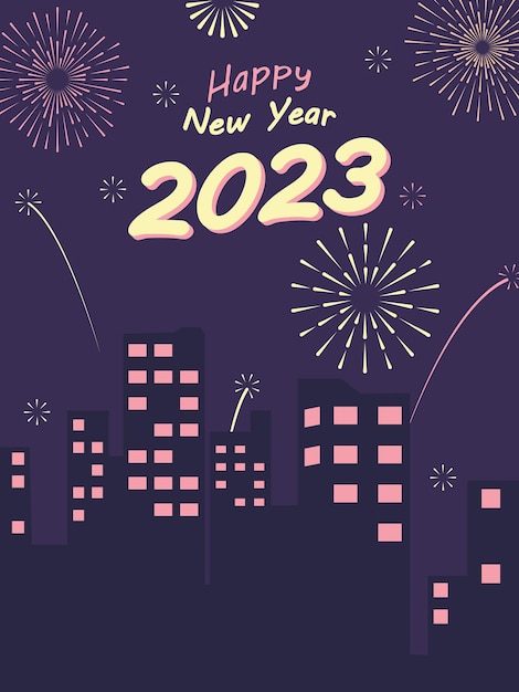 Happy new year 2023 background night city with colorful fireworks in the sky vector illustration