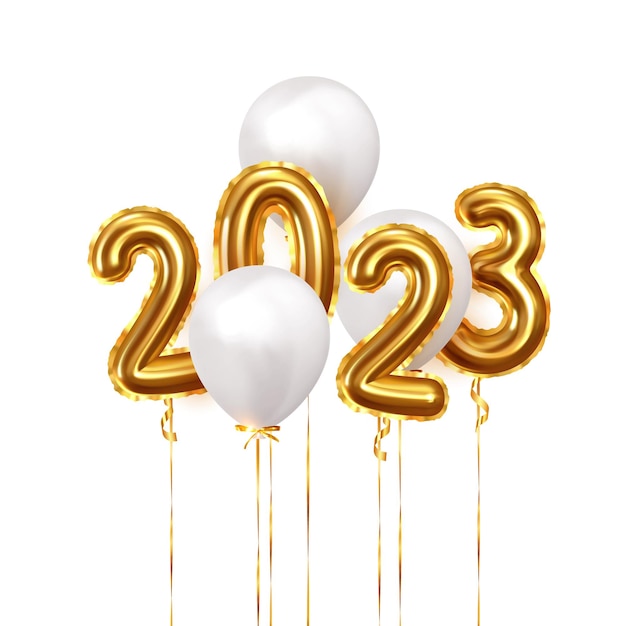 С Новым 2023 годом. Фон реалистичные золотые шары. Элементы декоративного дизайна. Объект визуализации 3d баллон с лентой. Отпразднуйте вечеринку Плакат, баннер, поздравительная открытка. Праздничная векторная иллюстрация.