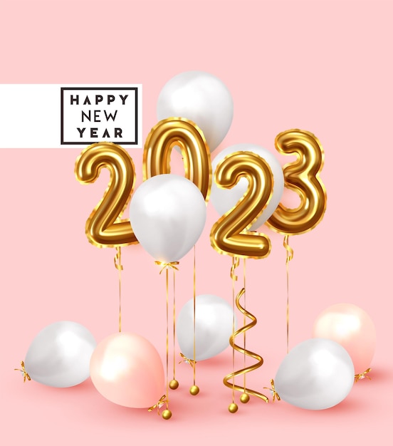 Happy New Year 2023. Background realistic golden balloons. Decorative design elements. Object render 3d ballon with ribbon. Celebrate party Poster, banner, greeting card. Festive Vector illustration.