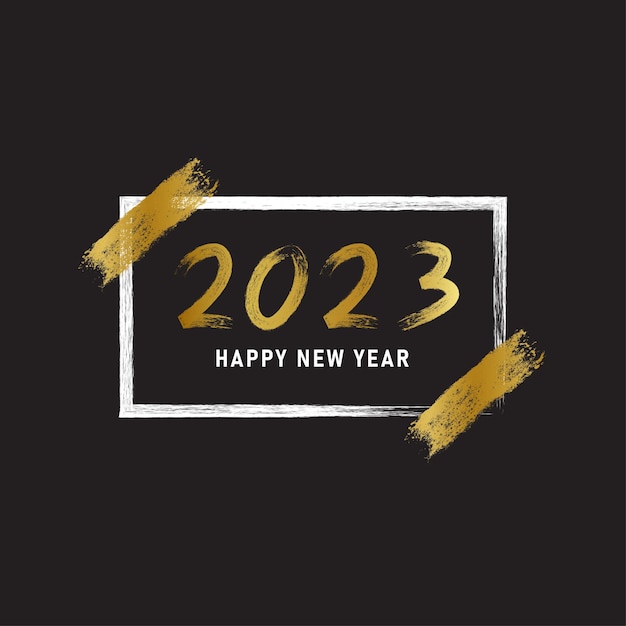 2023년 새해 복 많이 받으세요 배경에는 그루지 골드 브러쉬 선이 있습니다.