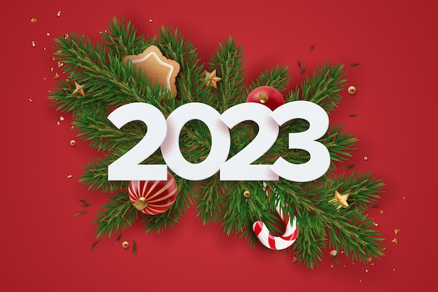 Vector happy new year 2023 banner met candy fir brunches en kerstelementen