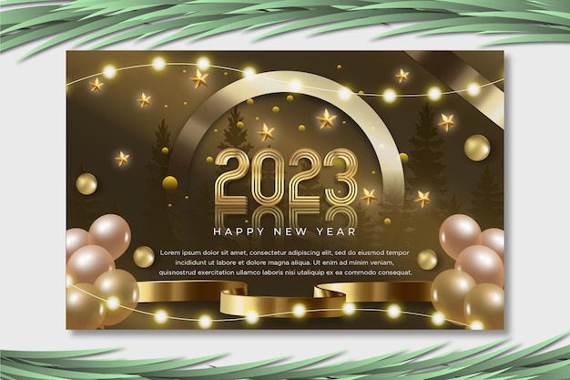 Vettore modello di banner felice anno nuovo 2023 con effetto testo dorato