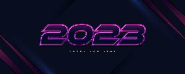 미래의 개념과 화려한 네온 효과 2023년 새해 복 많이 받으세요 배너 축하 배경 배너 표지 카드 및 소셜 미디어 템플릿을 위한 2023년 새해 디자인 템플릿