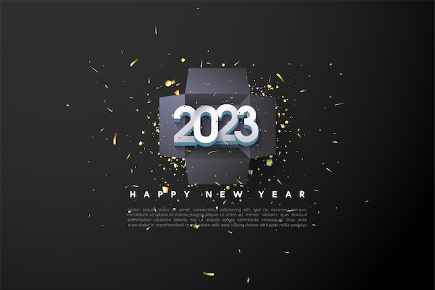 Felice anno nuovo 2023 su sfondo nero confezione regalo.