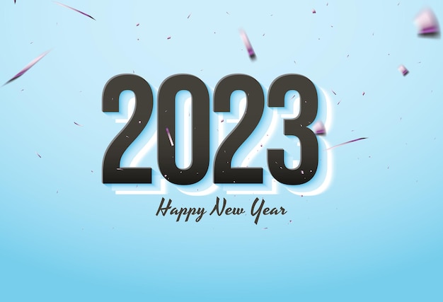 happy new year 2023 on blue background and gold ribbon cut.