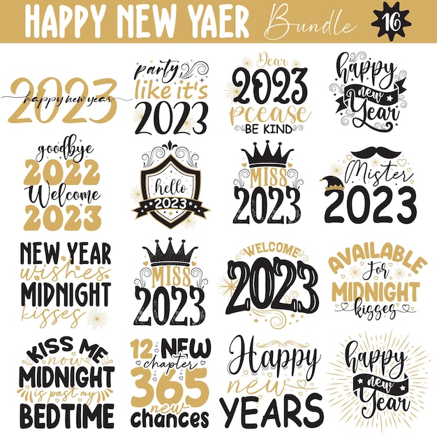 Happy New Year 2023 Bundle of Festive inscriptions handwritten with creative calligraphic fonts.