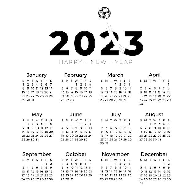 Felice anno nuovo calendario 2023. modello di calendario del campionato di calcio