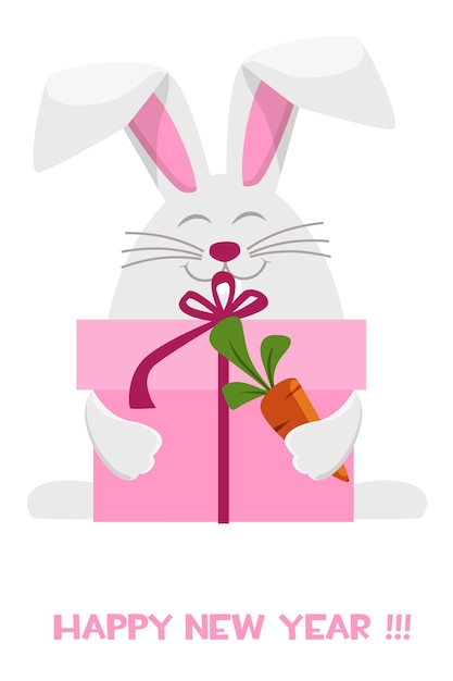 Вектор happy new year 2023 cartoon rabbit zodiac шаблон поздравительной открытки кролик с подарочной коробкой и морковью
