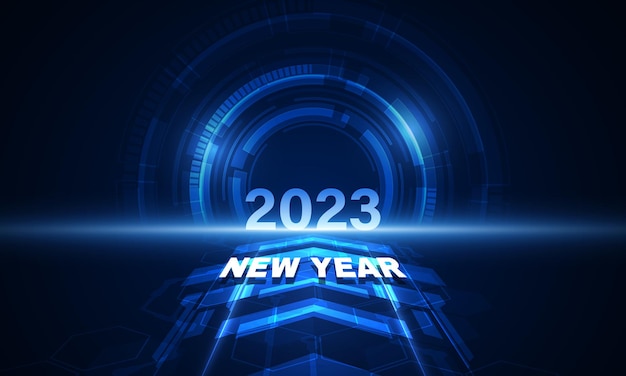 Vector happy new year 2023 celebration with bule light abstract clock on futuristic technology background countdown concept