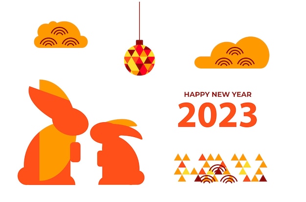 Happy new year 2023 chinese card with rabbits n flat style